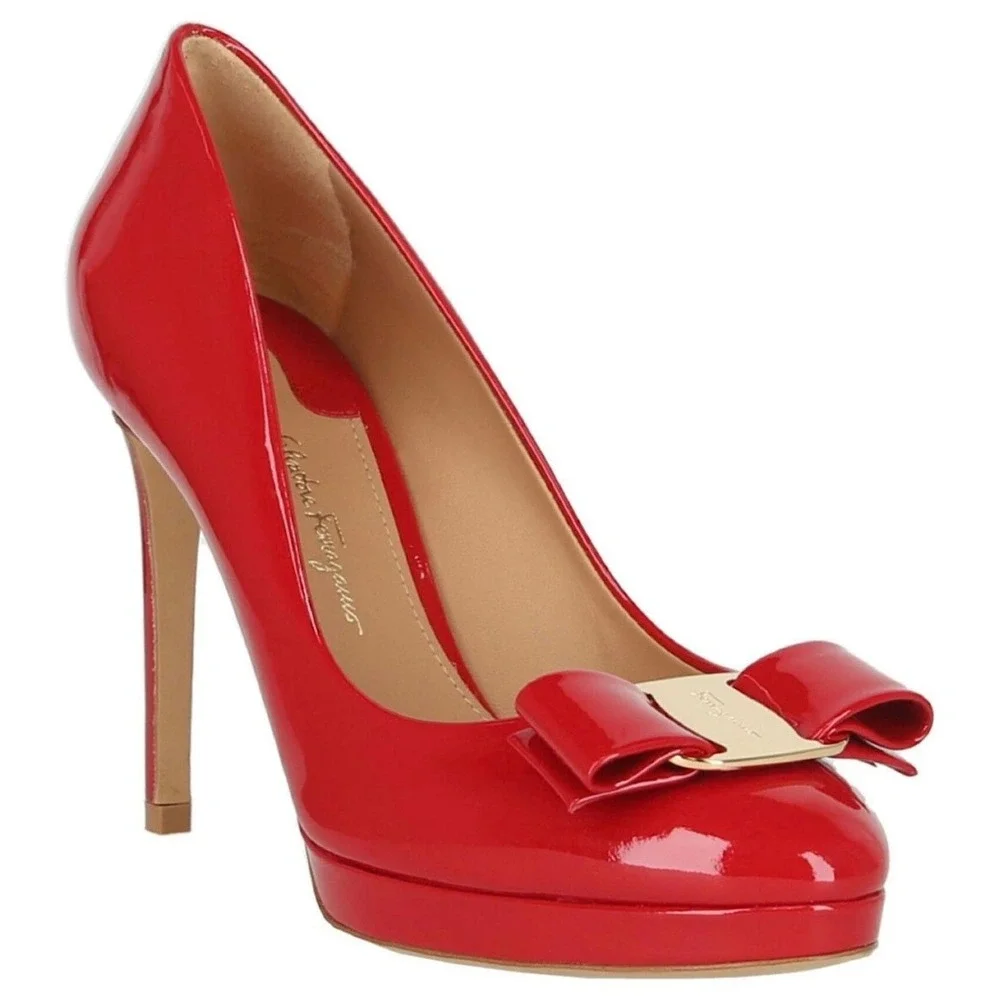 Salvatore Ferragamo Red Patent Leather Osimo Bow Platform Pumps‎ 9.5C